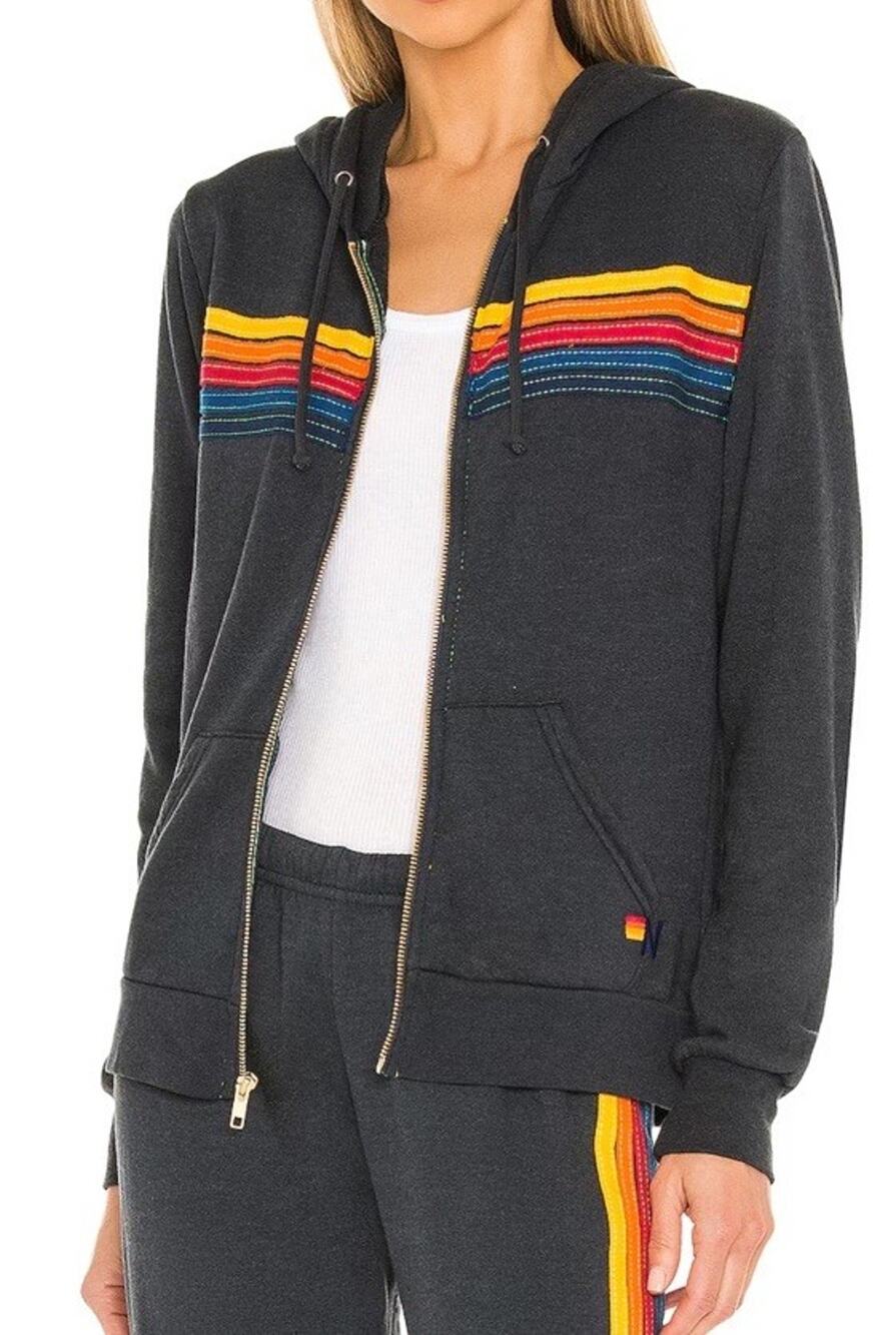Aviator Nation 5 Stripe Hoodie Heather Navy Full Gold Zip Sweatshirt Sz L